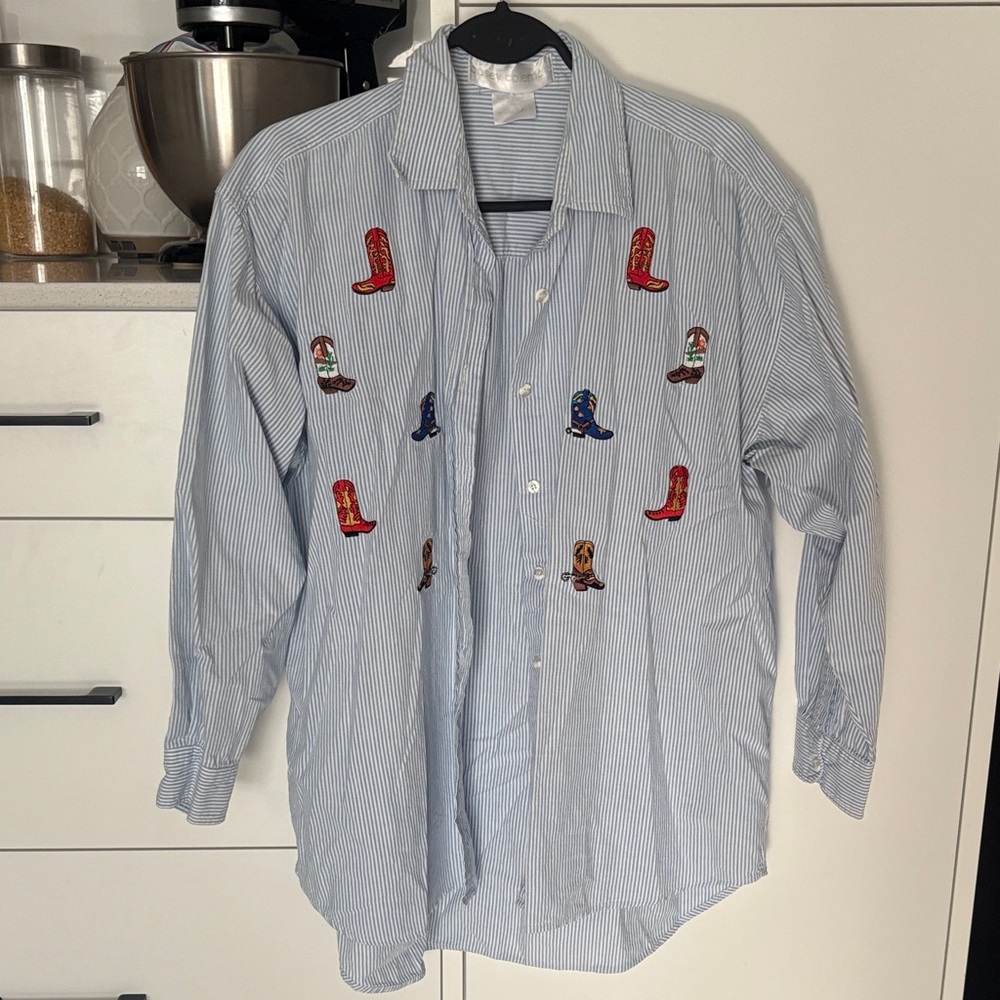 Casey Coleman Striped Button Down Shirt with Cowboy Boot Embroidery